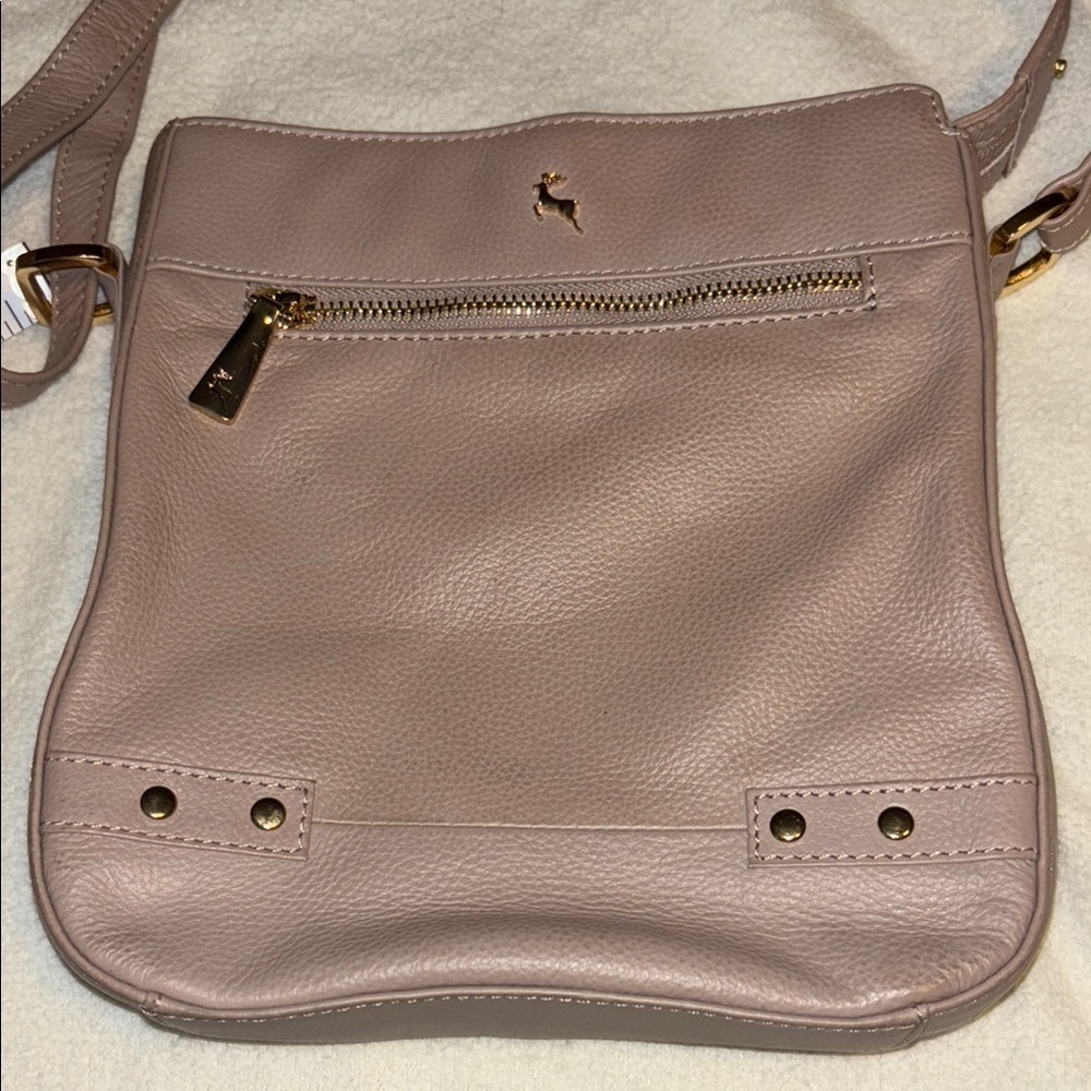 ASHWOOD BRAND DEEP PINK/TAUPE COLOR CROSSBODY WITH SIGNATURE DEER EMBLEM ON BAG